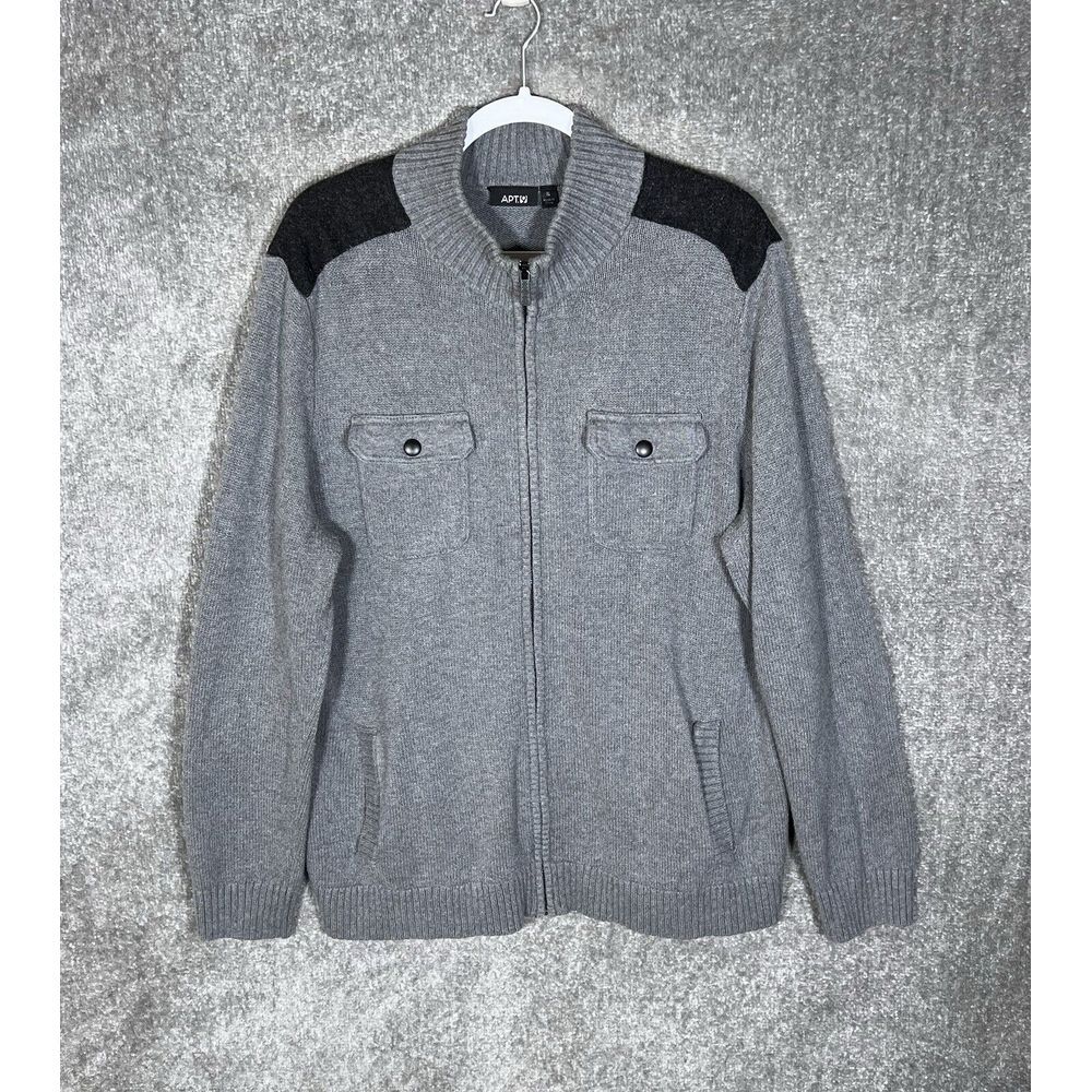 Apt 9 Sweater Jacket Mens Size XL Gray Front Zip Long Sleeve Mock Neck Pockets‎